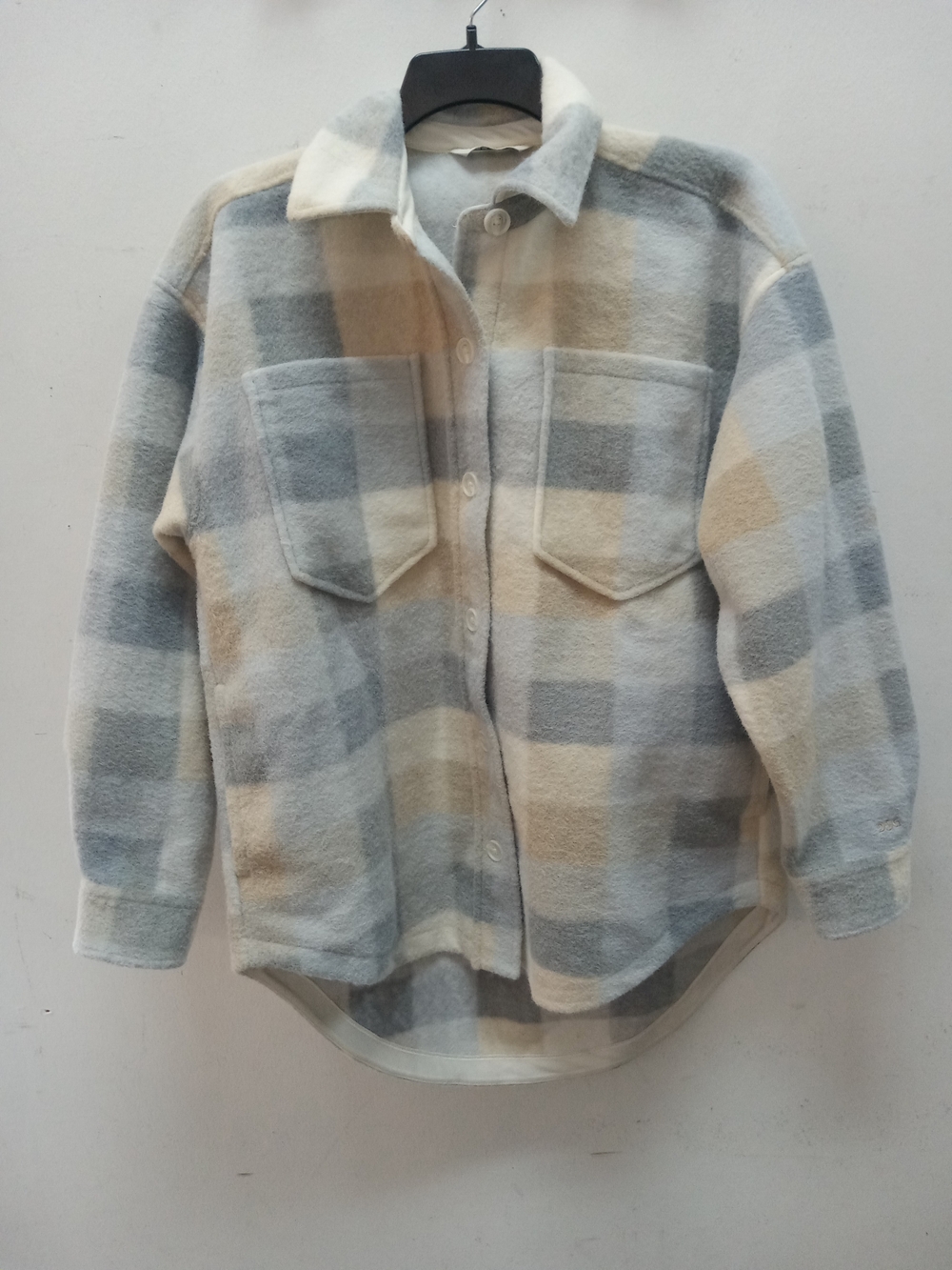DSG Plaid Button-Front Shacket in Gray, Cream and Tan